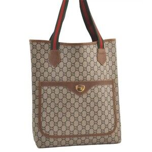Authentic GUCCI Vintage Web Sherry Line GG Plus PVC Leather Tote Bag Brown 8858J